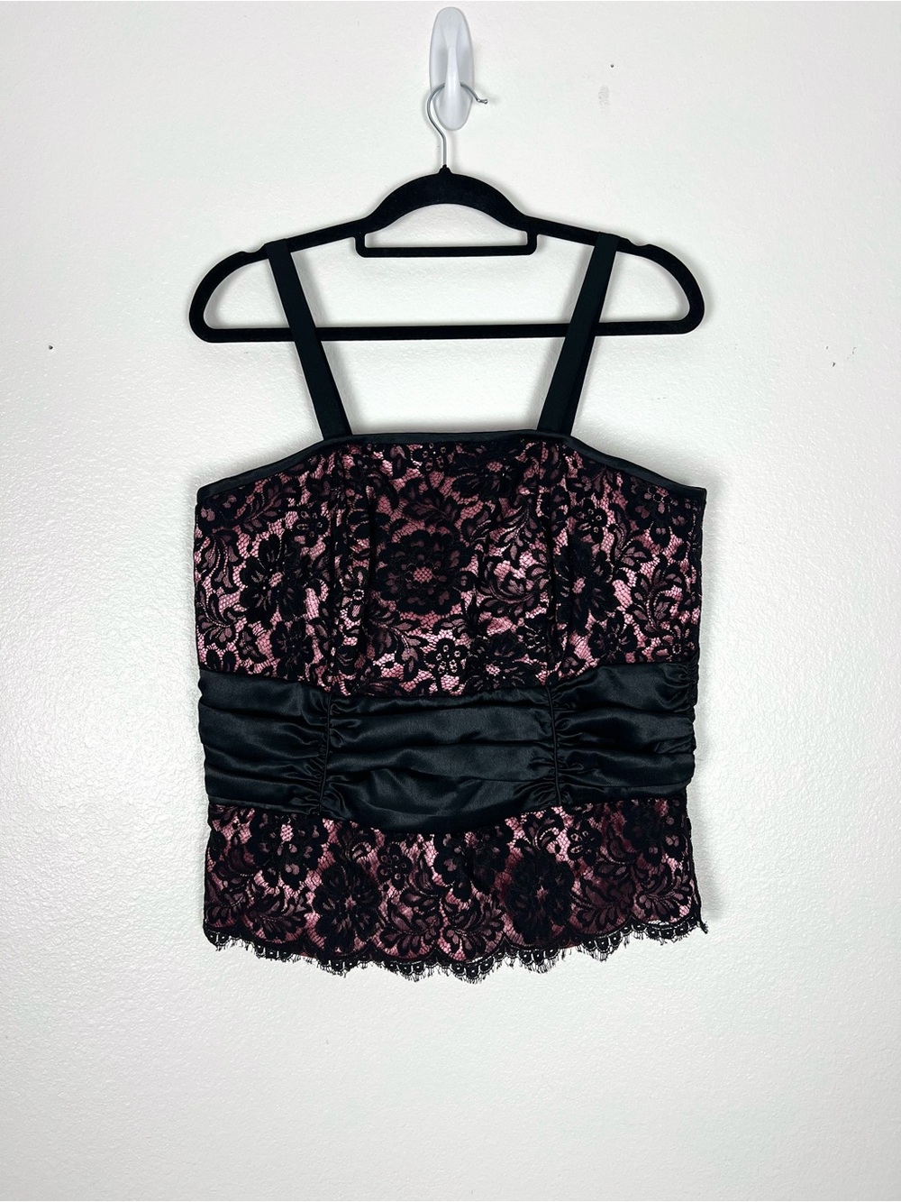 Women's Black Lace-Overlay Pink Satin Tank Top